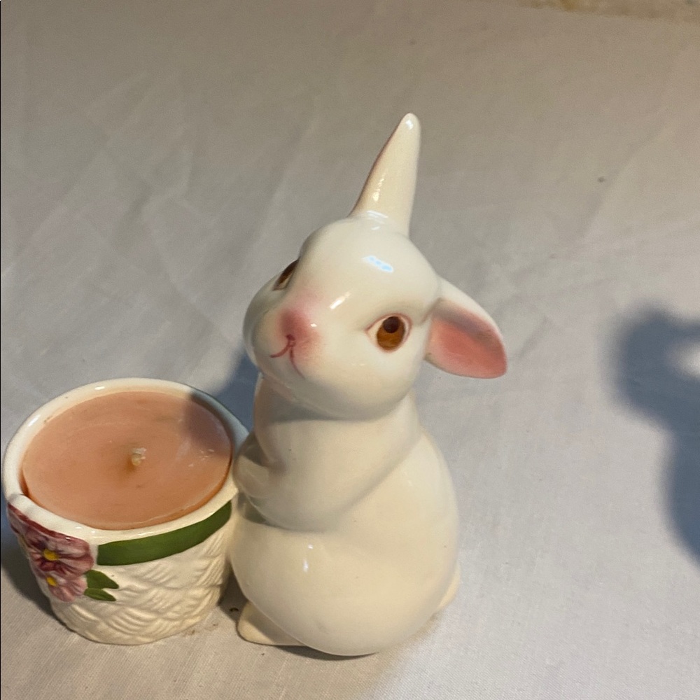 Vintage hand painted bunny  ceramic candle holder. Avon